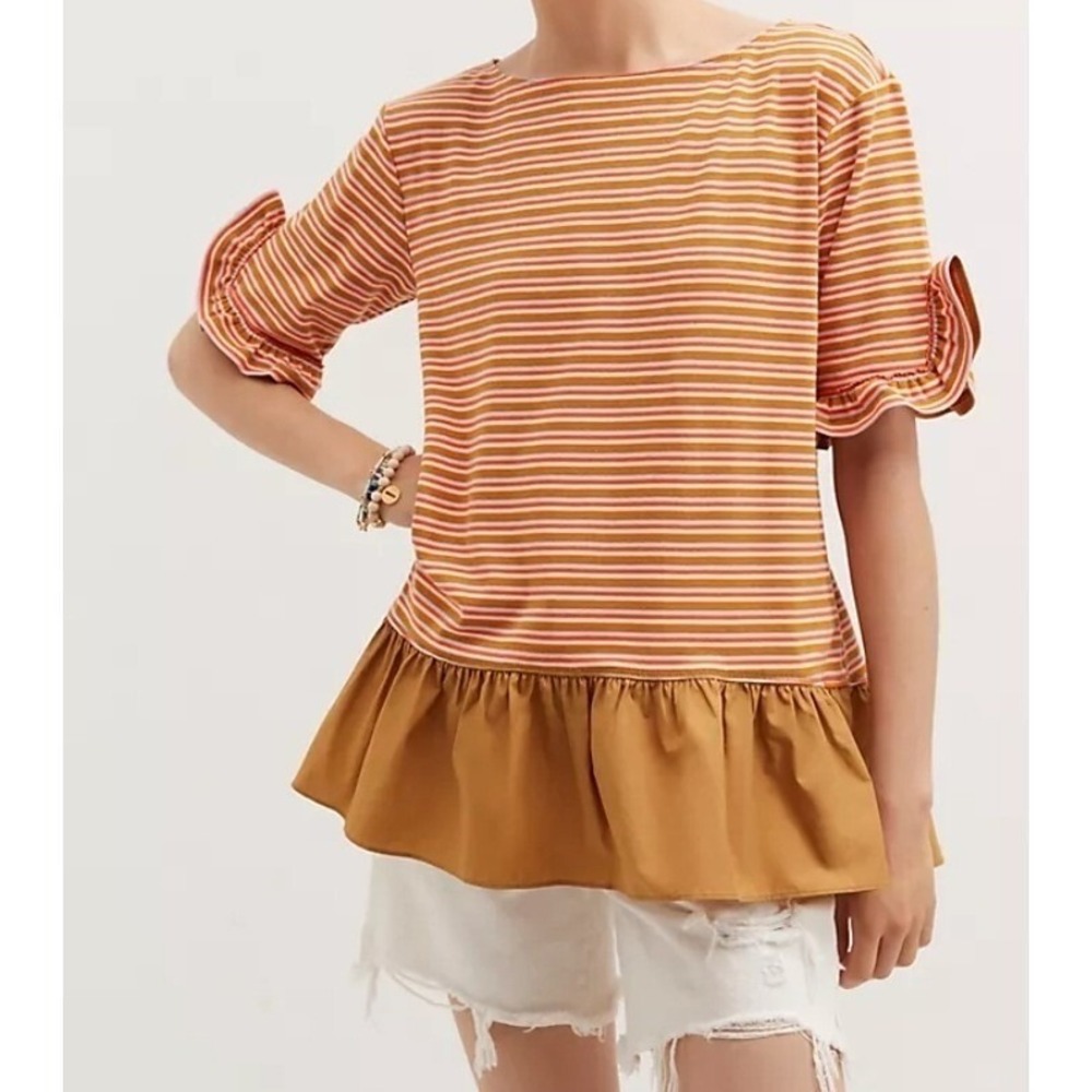 Maeve Anthropologie Striped Peplum Top M Ruffle Sleeve Mustard Hem Blouse
